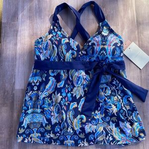 ALEX MARIE blue floral tummy control tankini top with navy blue piping sz S